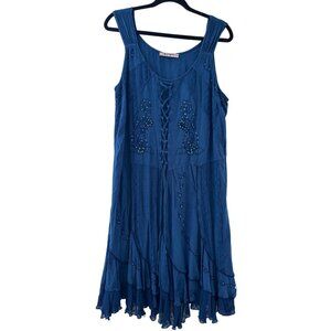 Joe Browns Boho Blue Sleeveless Embroidered Lace-Up Dress Flowy Hem & Beaded